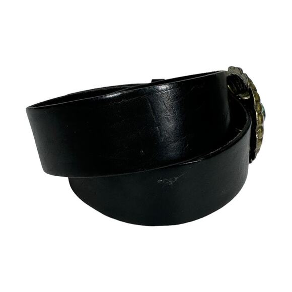 Vintage AV Max NYC Black Leather Flower Stone Buckle Belt Small Western Boho - Picture 3 of 5